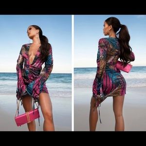 Multi palm print satin plunge ruched front dress.